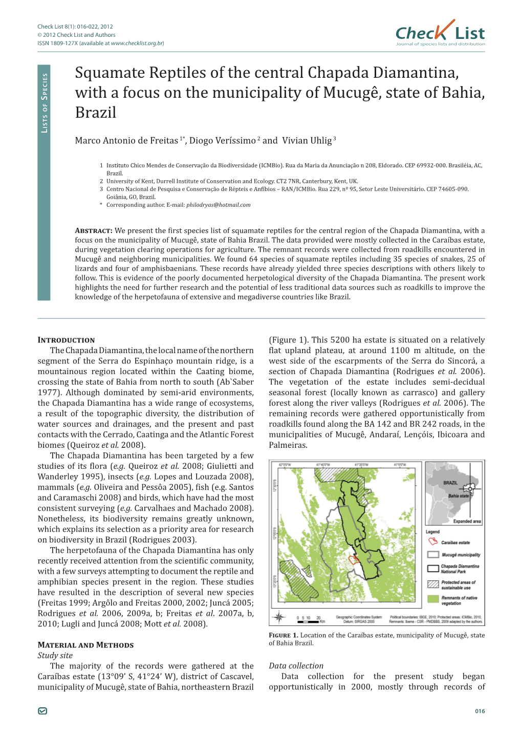 Chec List Squamate Reptiles of the Central Chapada Diamantina, with a Focus on the Municipality of Mucugê, State of Bahia, Braz