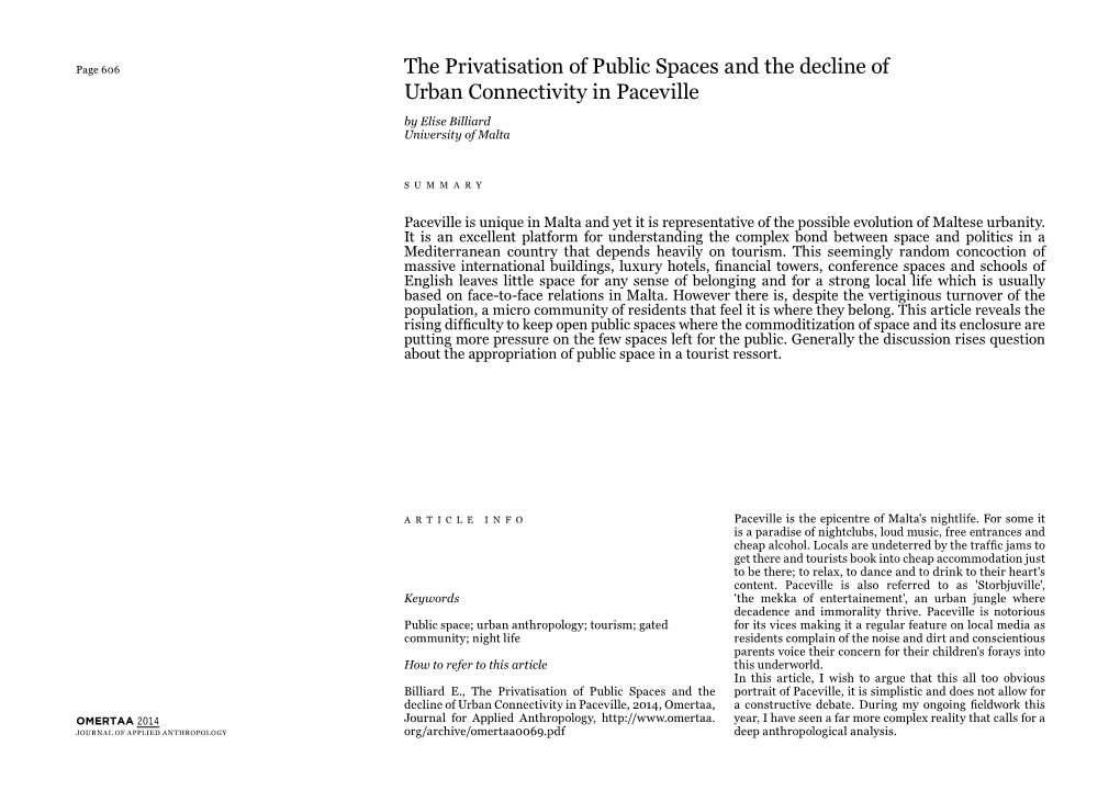 The Privatisation of Public Spaces and the Decline of Urban Connectivity in Paceville by Elise Billiard University of Malta