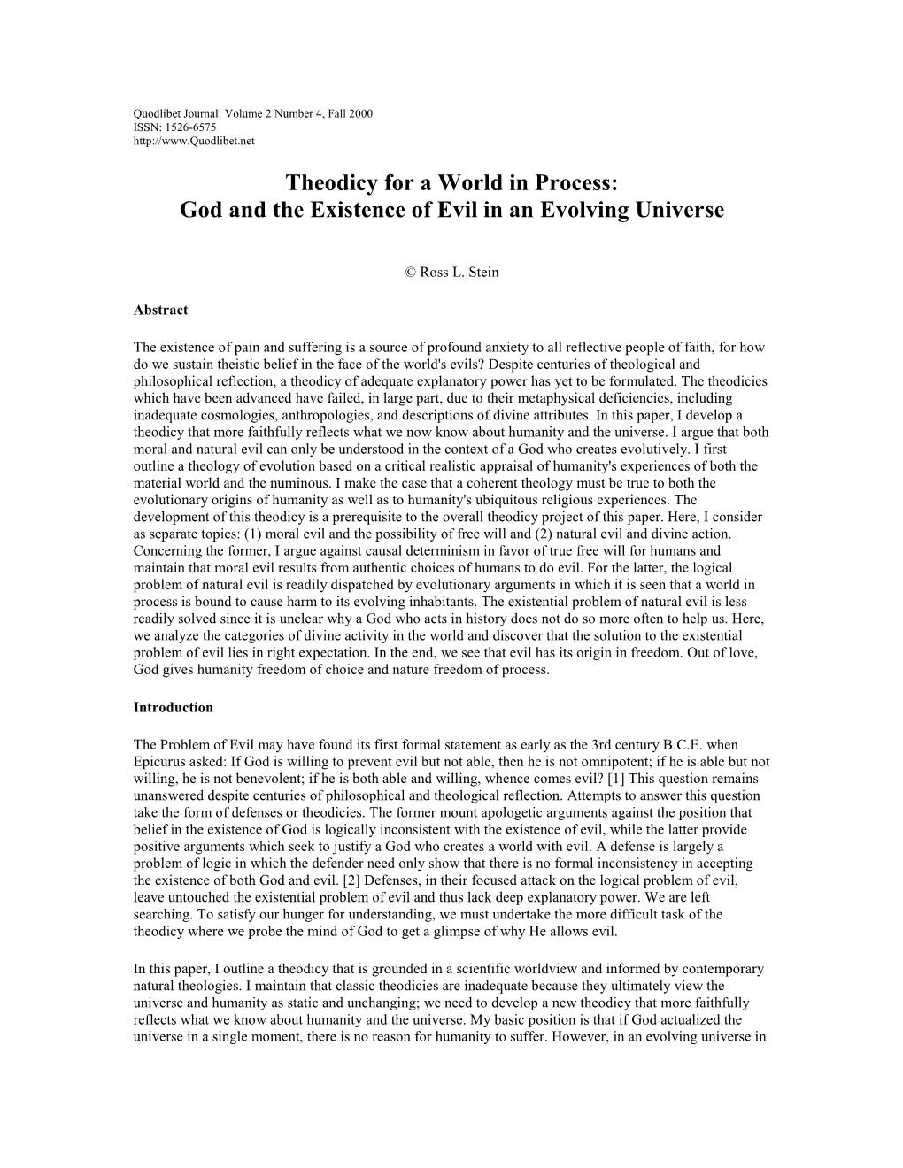 Theodicy for a World in Process: God and the Existence of Evil in an Evolving Universe