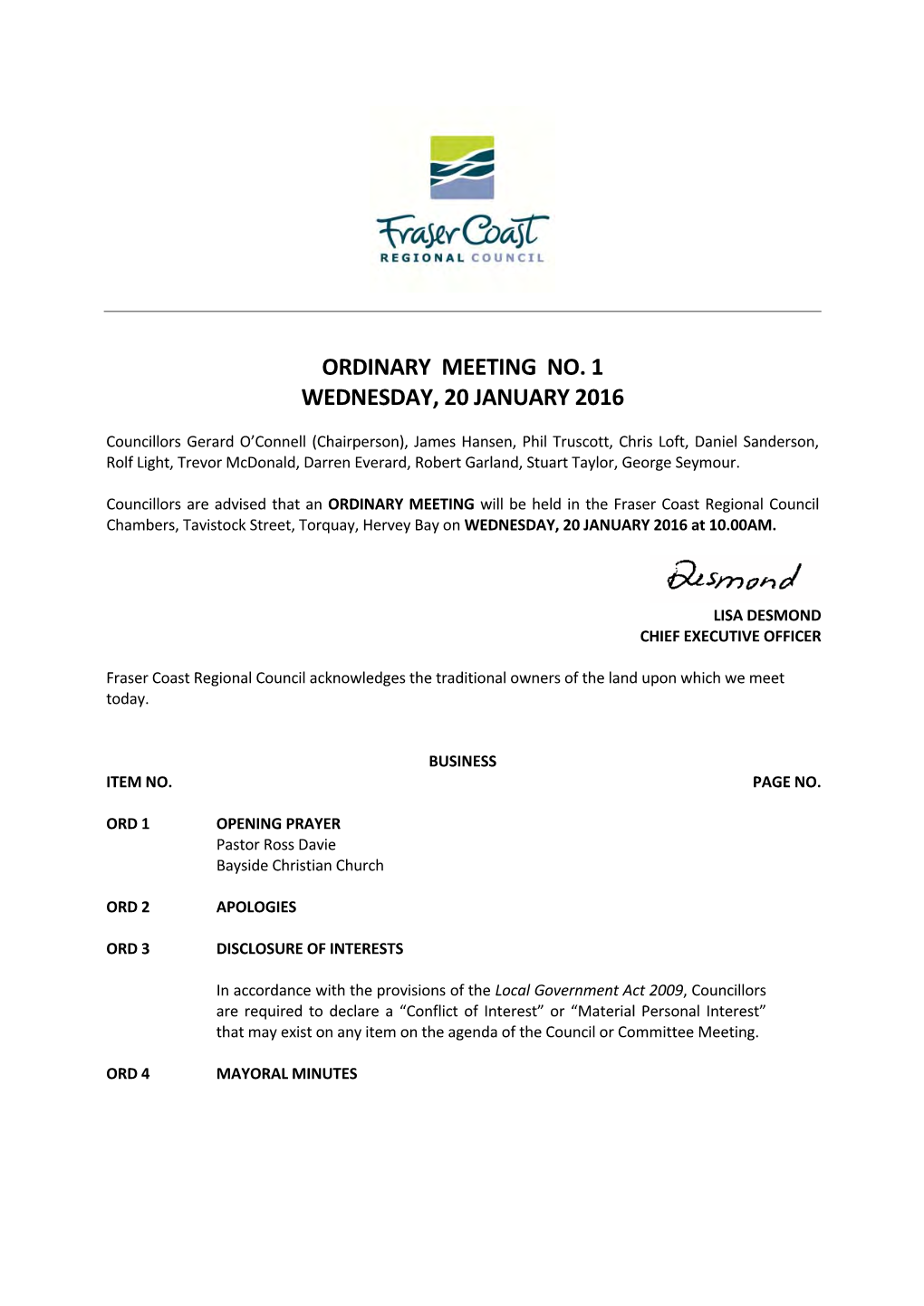 Ordinary Meeting No. 1 Wednesday, 20 January 2016