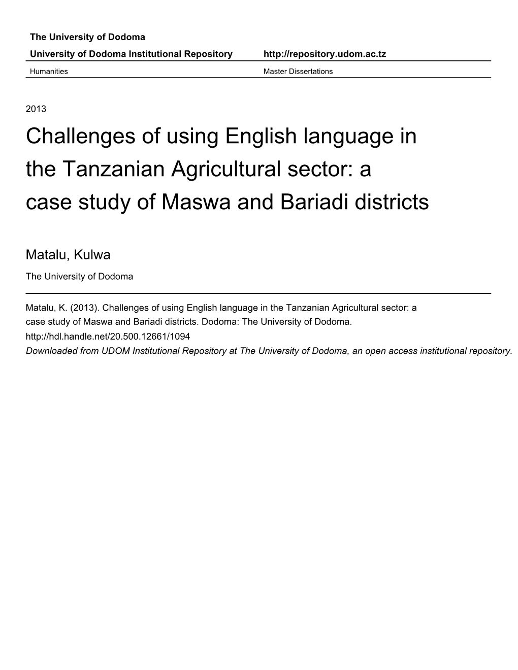 A Case Study of Maswa and Bariadi Districts