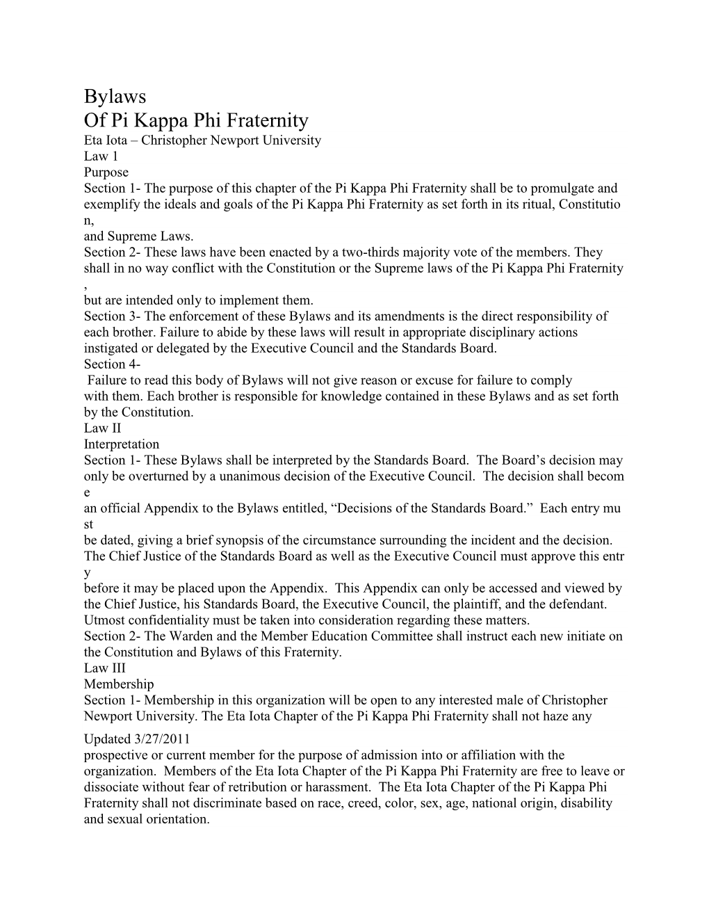 Bylaws of Pi Kappa Phi Fraternity