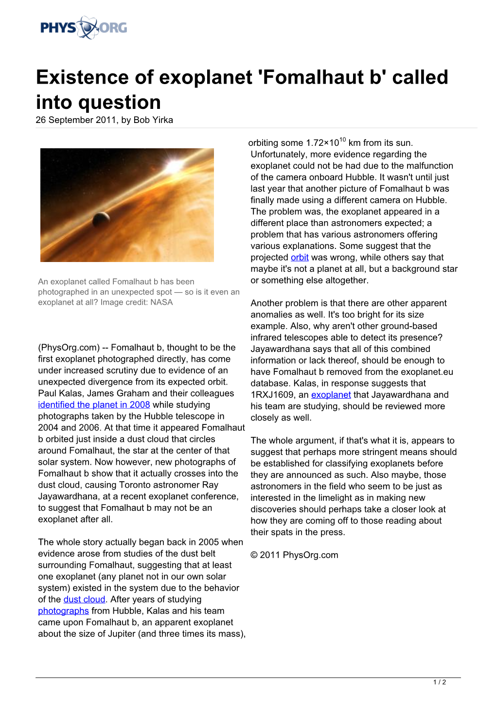 Existence of Exoplanet 'Fomalhaut B' Called Into Question 26 September 2011, by Bob Yirka