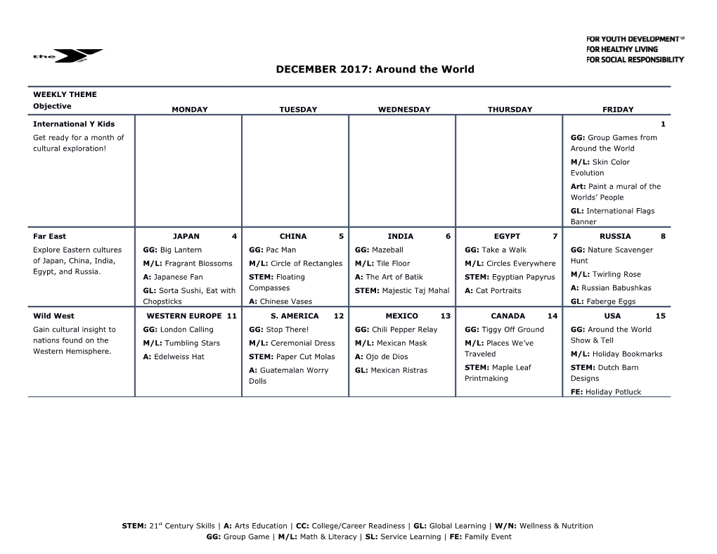 GG: Group Game M/L: Math & Literacy SL: Service Learning FE: Family Event