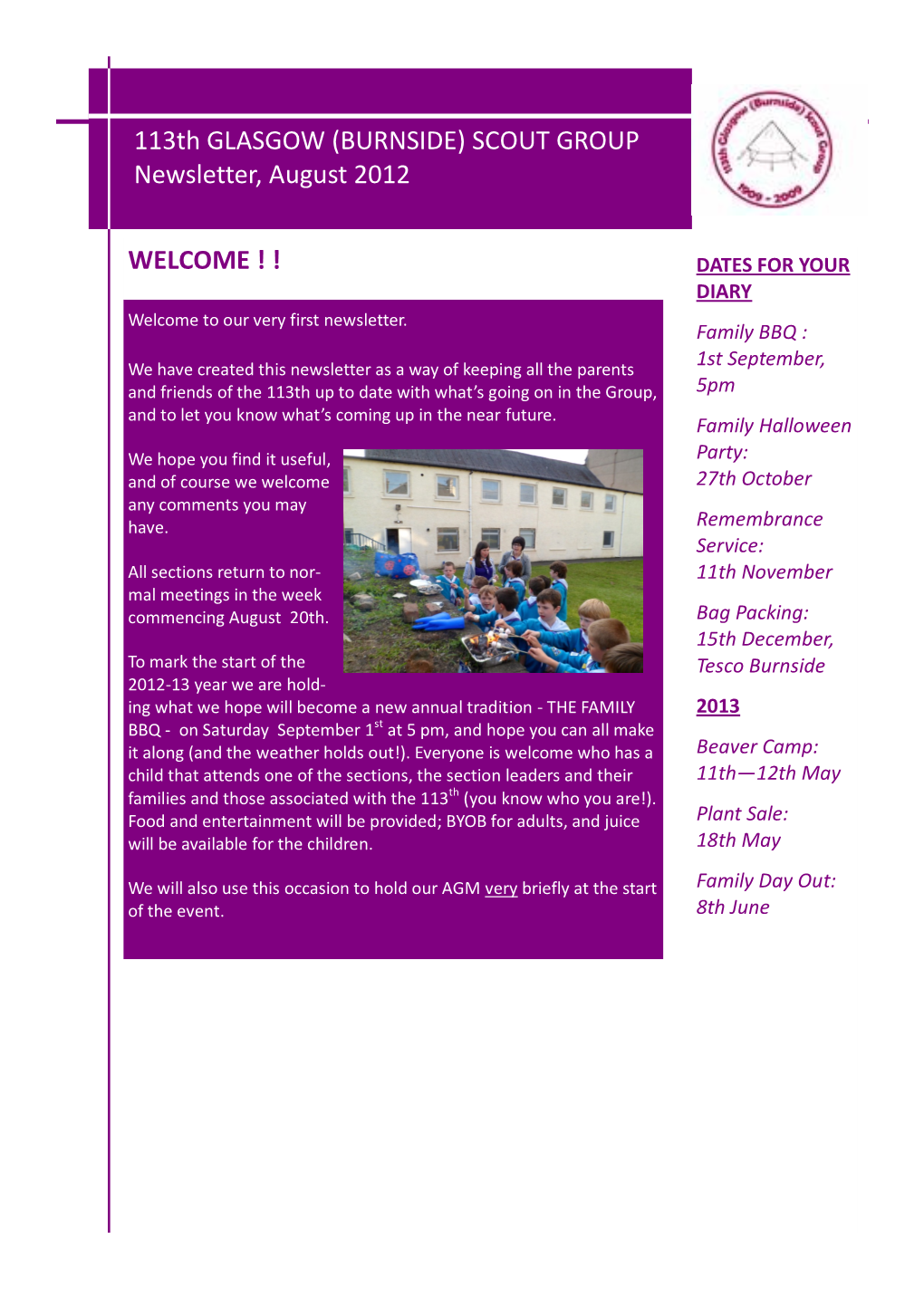 113Th GLASGOW (BURNSIDE) SCOUT GROUP Newsletter, August 2012