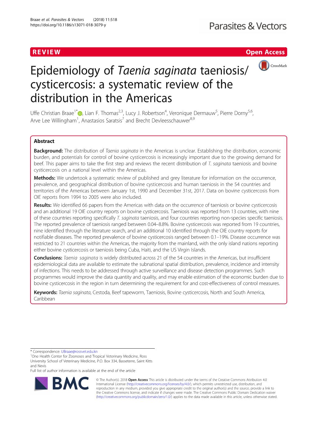 Epidemiology of Taenia Saginata Taeniosis/Cysticercosis