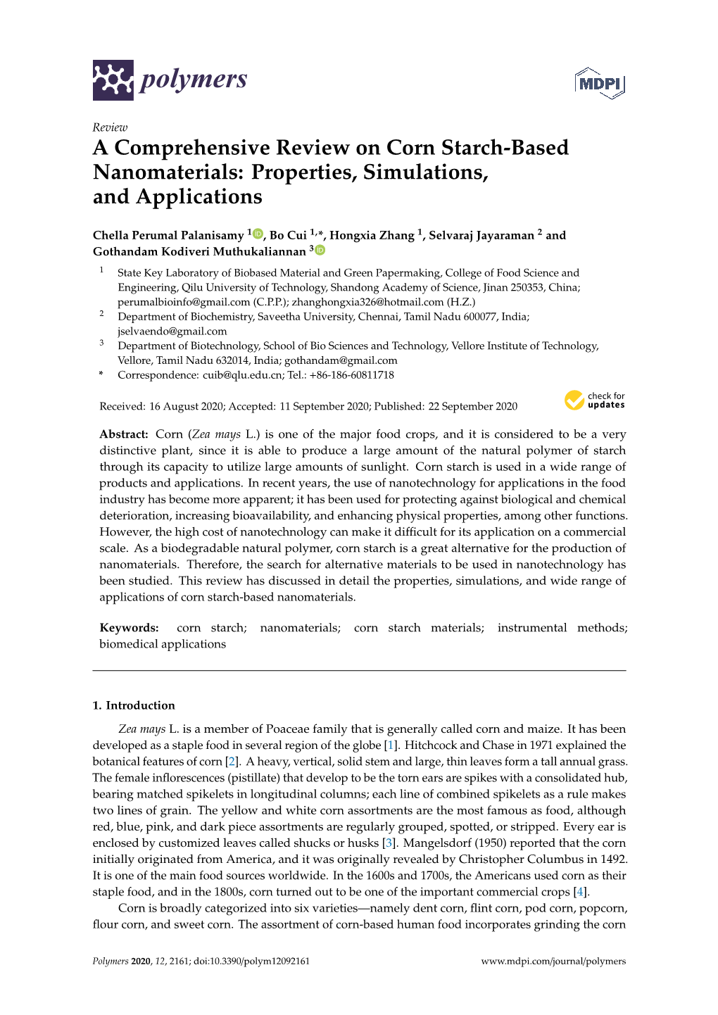 A Comprehensive Review on Corn Starch-Based Nanomaterials: Properties, Simulations, and Applications