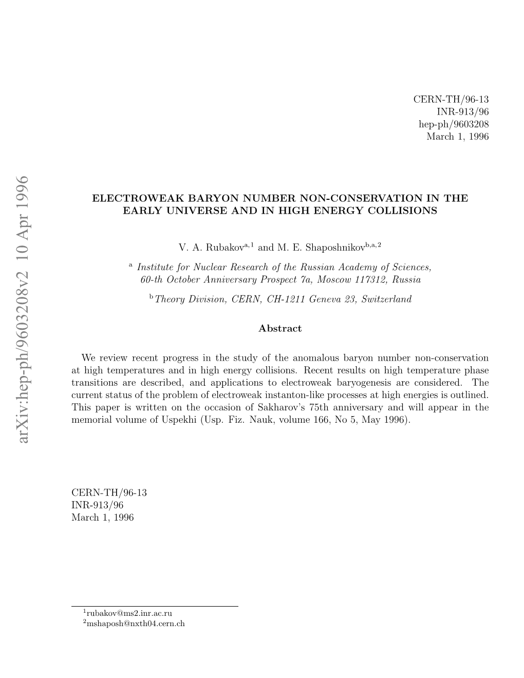 Arxiv:Hep-Ph/9603208V2 10 Apr 1996 Ac ,1996 1, March INR-913/96 CERN-TH/96-13 5, No Anni 166, 75Th Volume Sakharov’S Nauk, of Fiz