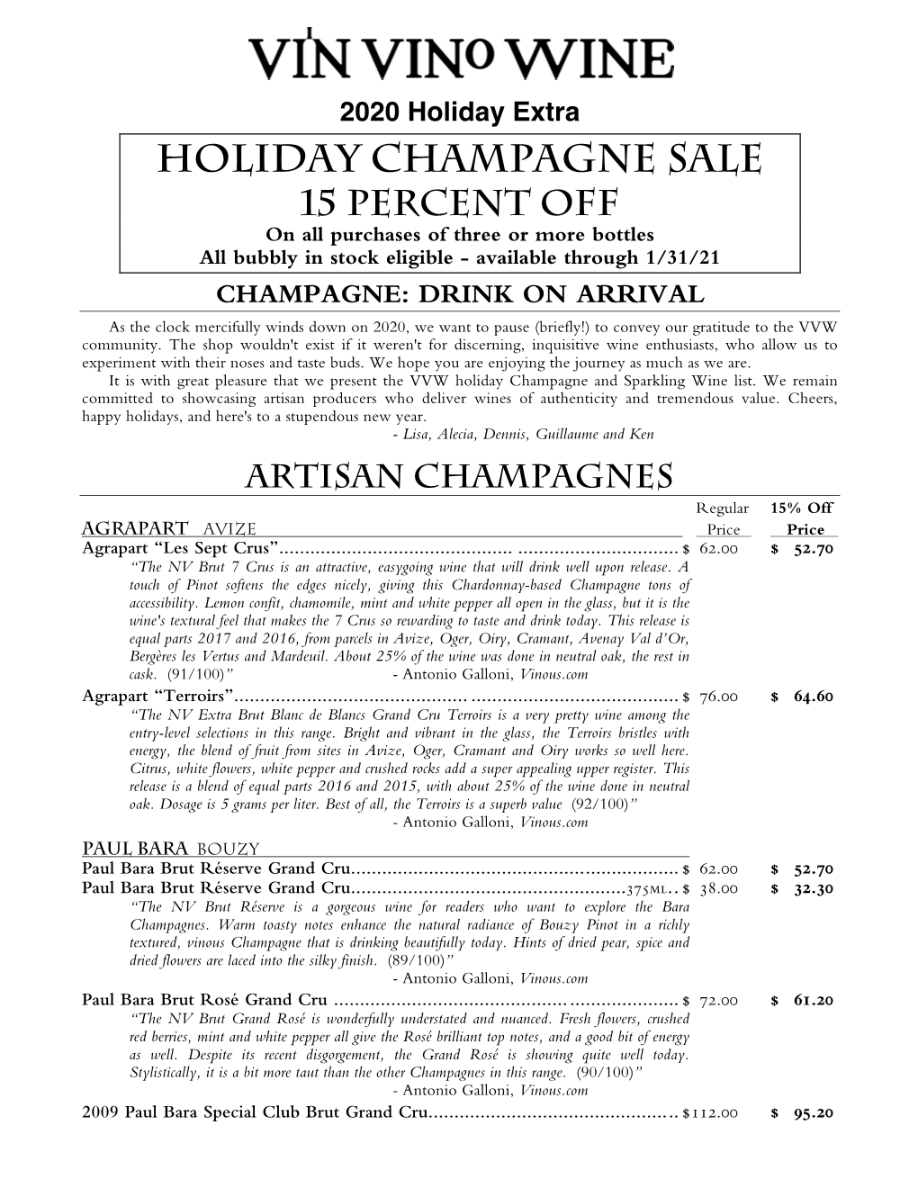 Holiday Champagne Sale 15 PERCENT OFF on All Purchases of Three Or More Bottles All Bubbly in Stock Eligible - Available Through 1/31/21
