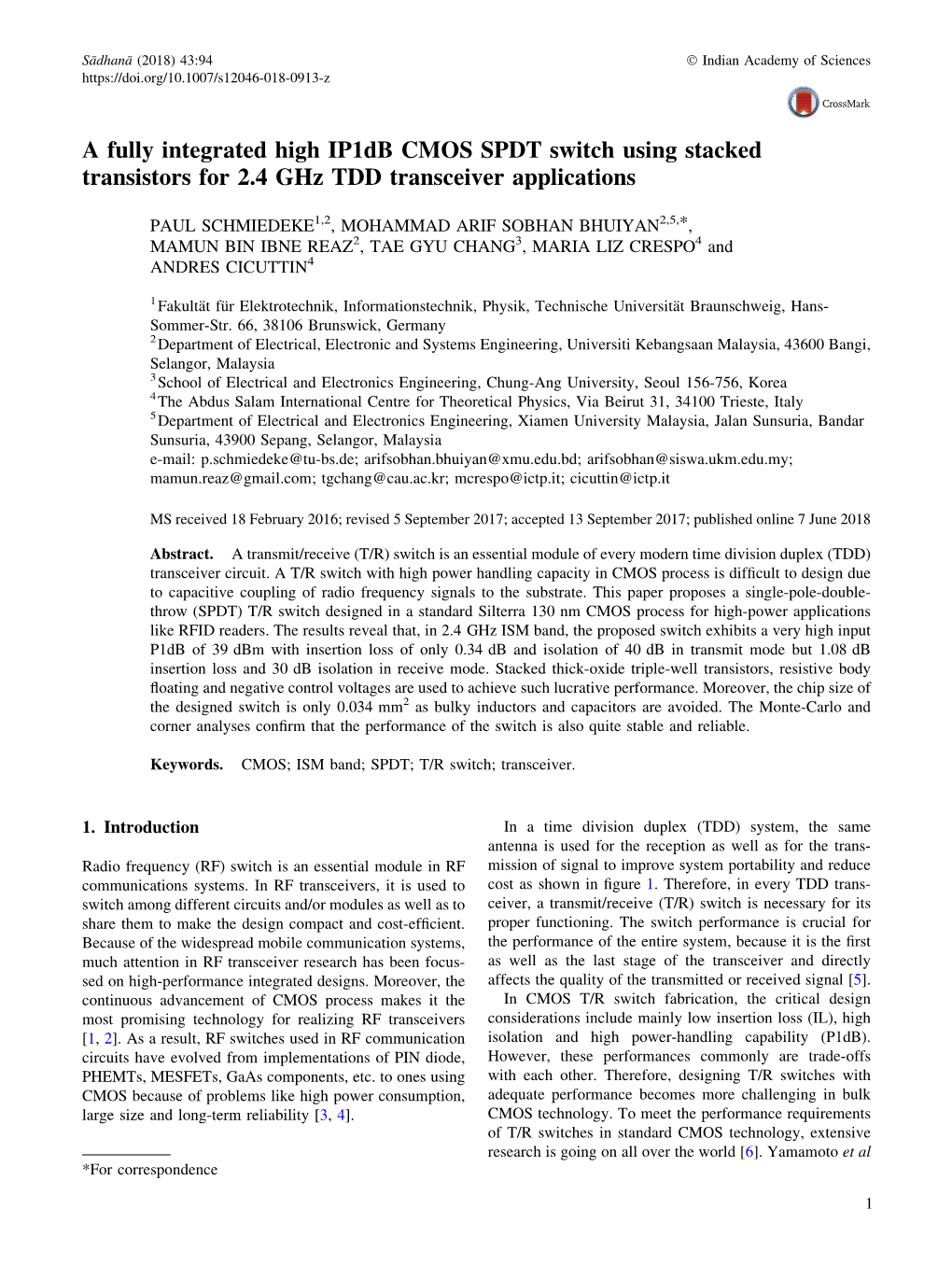 A Fully Integrated High Ip1db CMOS SPDT Switch Using Stacked Transistors for 2.4 Ghz TDD Transceiver Applications