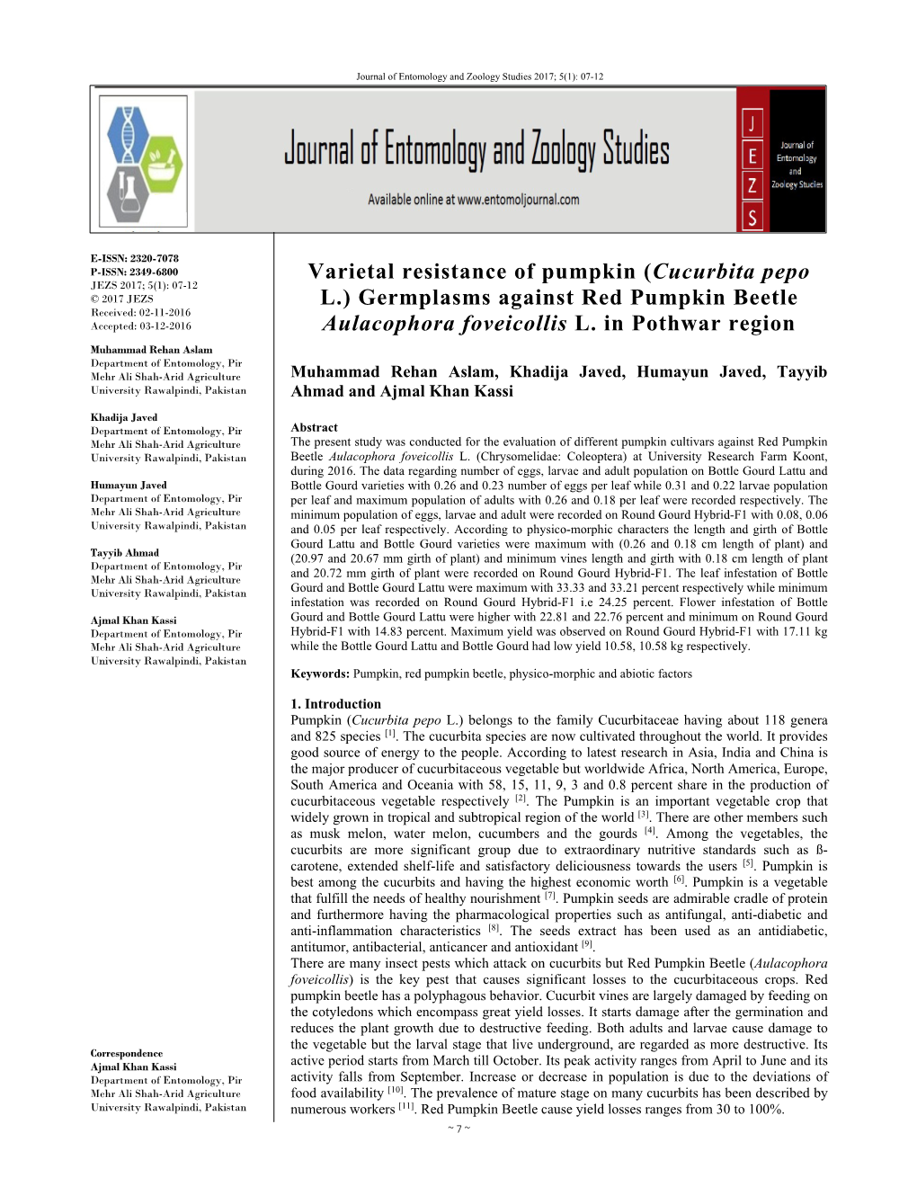 Germplasms Against Red Pumpkin Beetle Aulacophora Foveicollis L. In