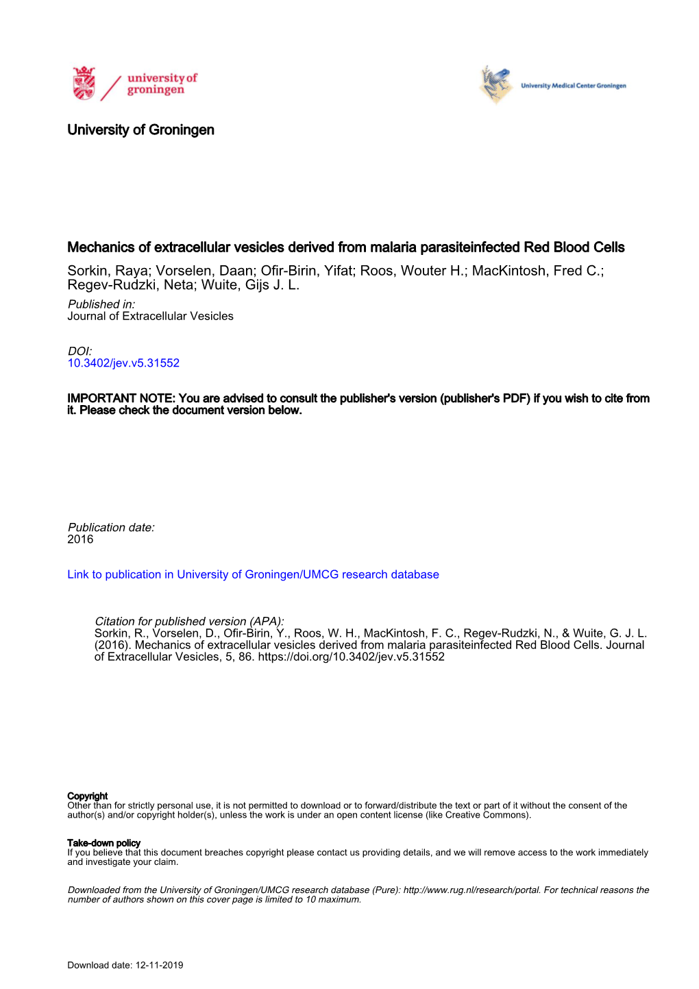 University of Groningen Mechanics of Extracellular Vesicles