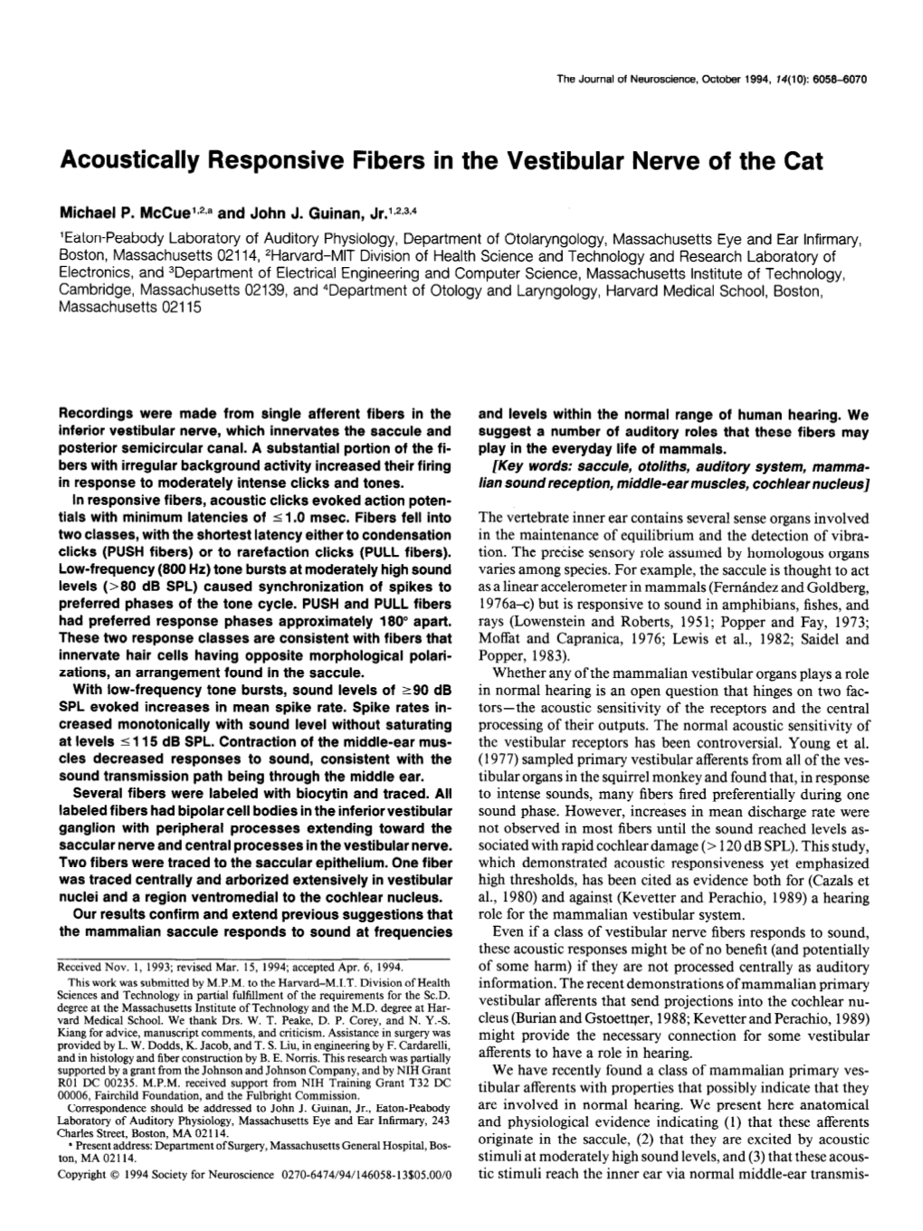 Acoustically Responsive Fibers in the Vestibular Nerve of the Cat