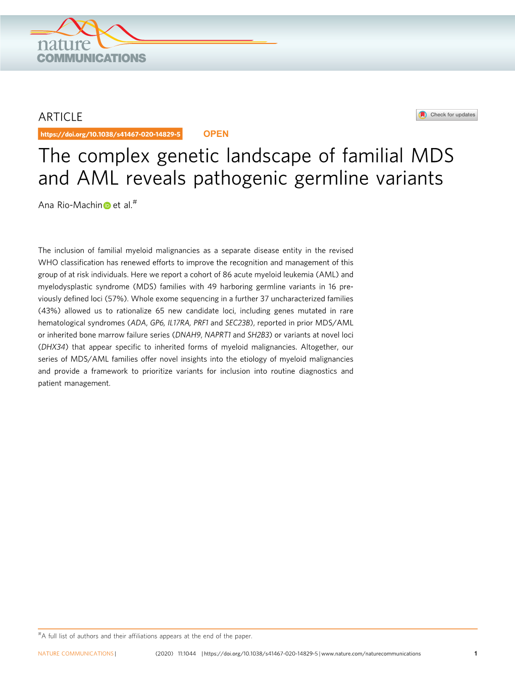 The Complex Genetic Landscape of Familial MDS and AML Reveals Pathogenic Germline Variants
