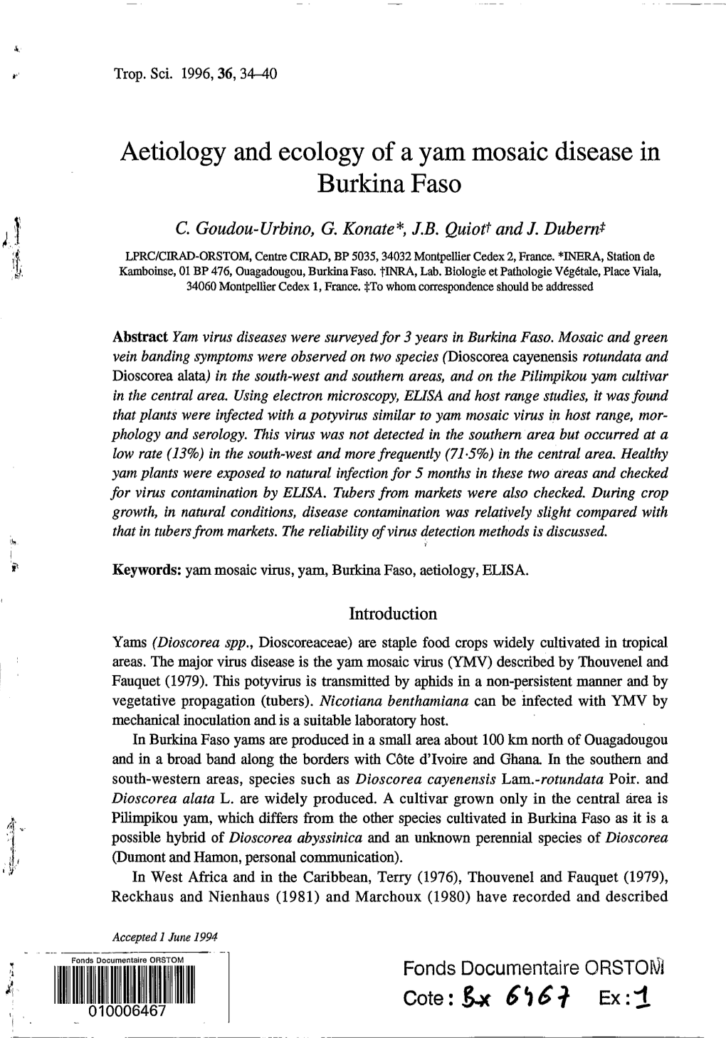 Aetiology and Ecology of a Yam Mosaic Disease in Burkina Faso C