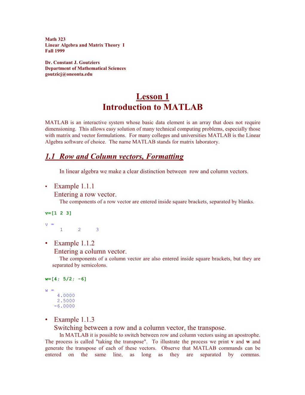 Lesson 1 Introduction to MATLAB