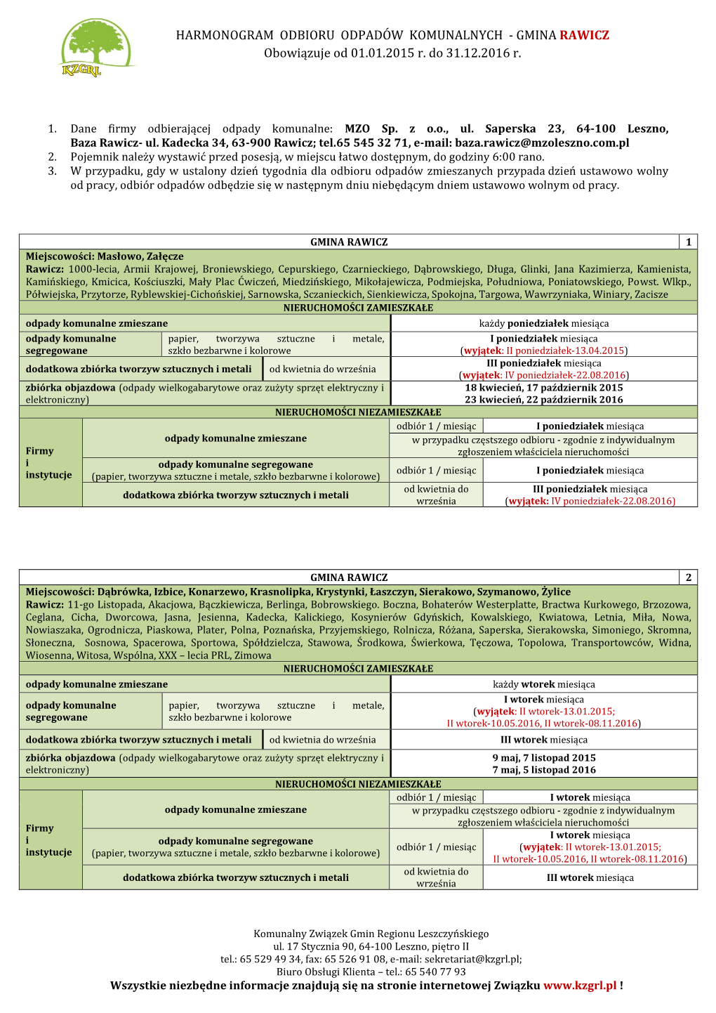 HARMONOGRAM ODBIORU ODPADÓW KOMUNALNYCH - GMINA RAWICZ Obowiązuje Od 01.01.2015 R