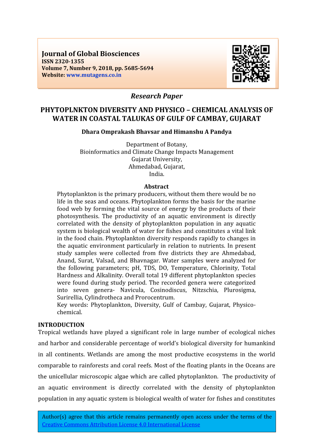 Chemical Analysis of Water in Coastal Talukas of Gulf of Cambay, Gujarat