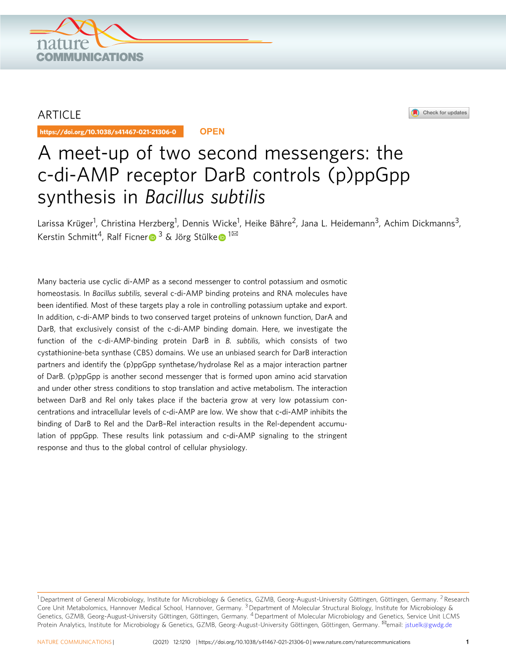 The C-Di-AMP Receptor Darb Controls (P)Ppgpp Synthesis in Bacillus Subtilis