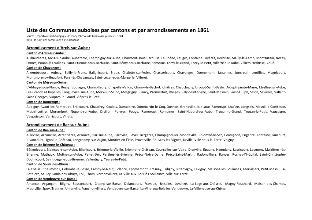 Liste Des Communes Auboises Par Cantons Et Par Arrondissements En