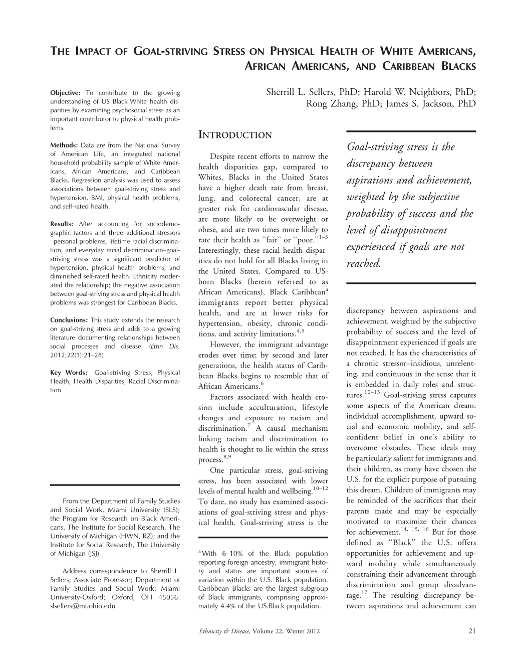 The Impact of Goal-Striving Stress on Physical Health of White Americans, African Americans, and Caribbean Blacks