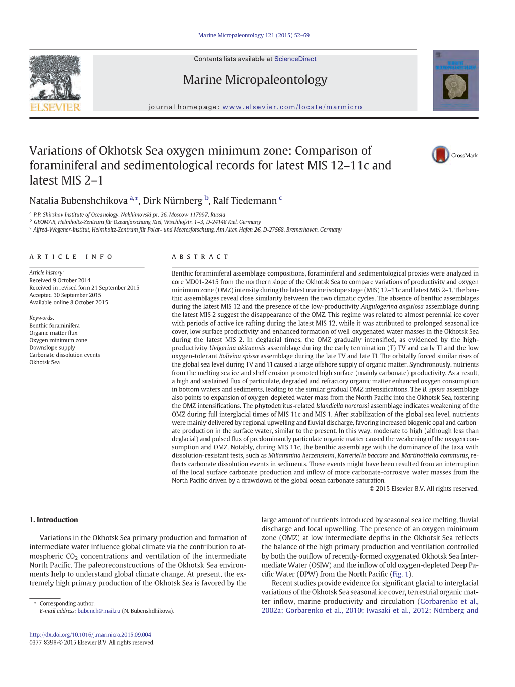 Variations of Okhotsk Sea Oxygen Minimum Zone: Comparison of Foraminiferal and Sedimentological Records for Latest MIS 12–11C and Latest MIS 2–1