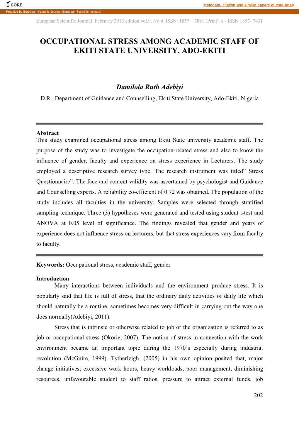 Occupational Stress Among Academic Staff of Ekiti State University, Ado-Ekiti