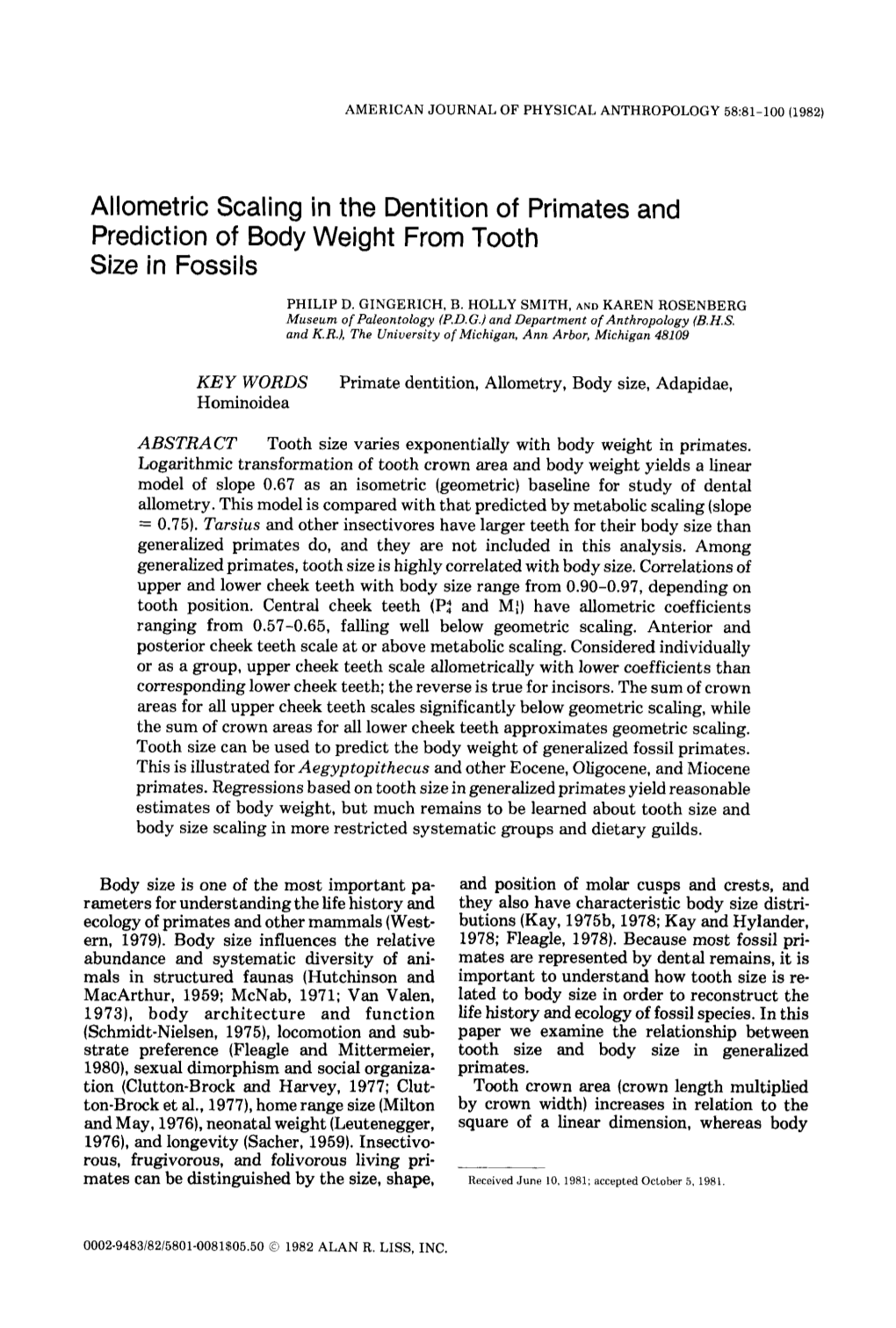 Allometric Scaling in the Dentition of Primates and Prediction of Body Weight from Tooth Size in Fossils