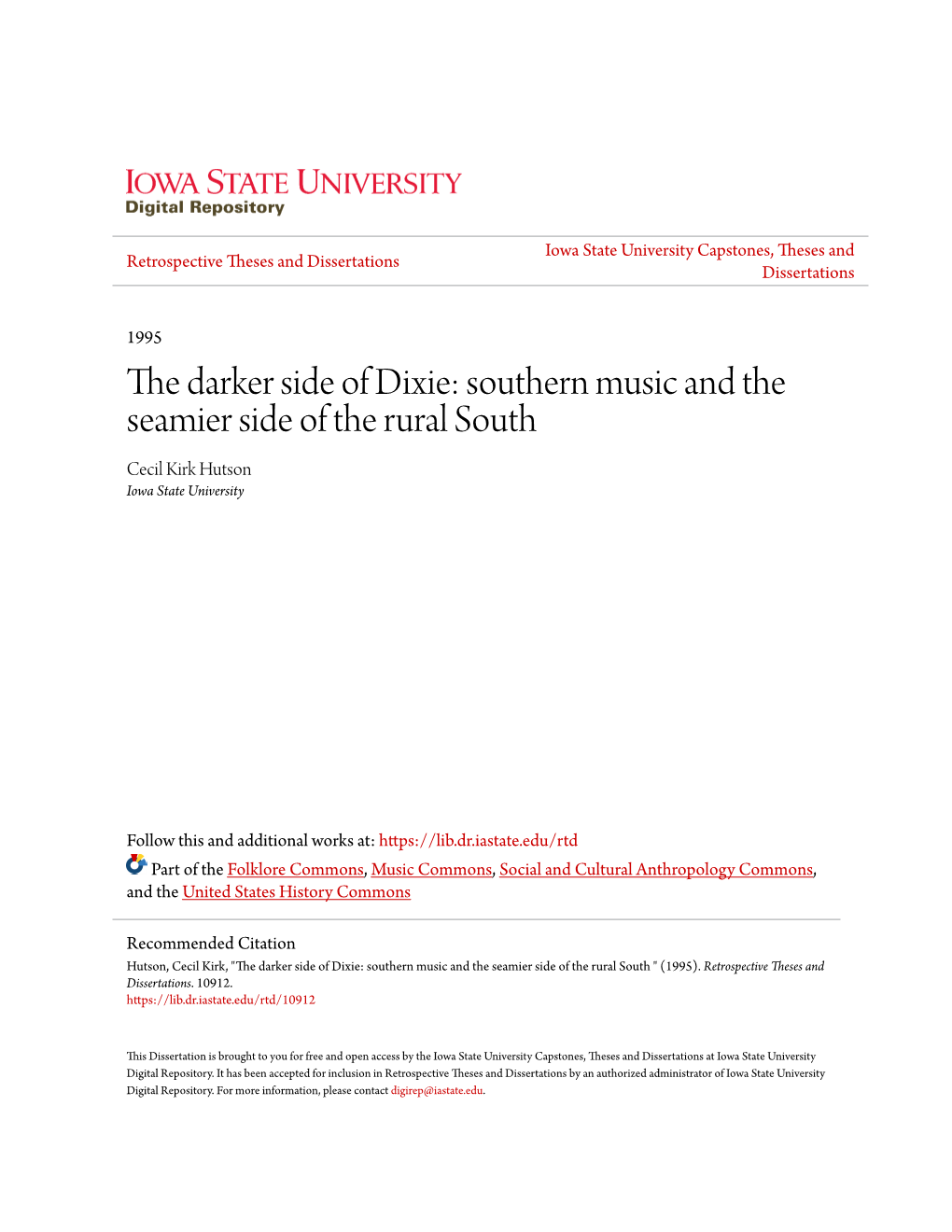 Southern Music and the Seamier Side of the Rural South Cecil Kirk Hutson Iowa State University