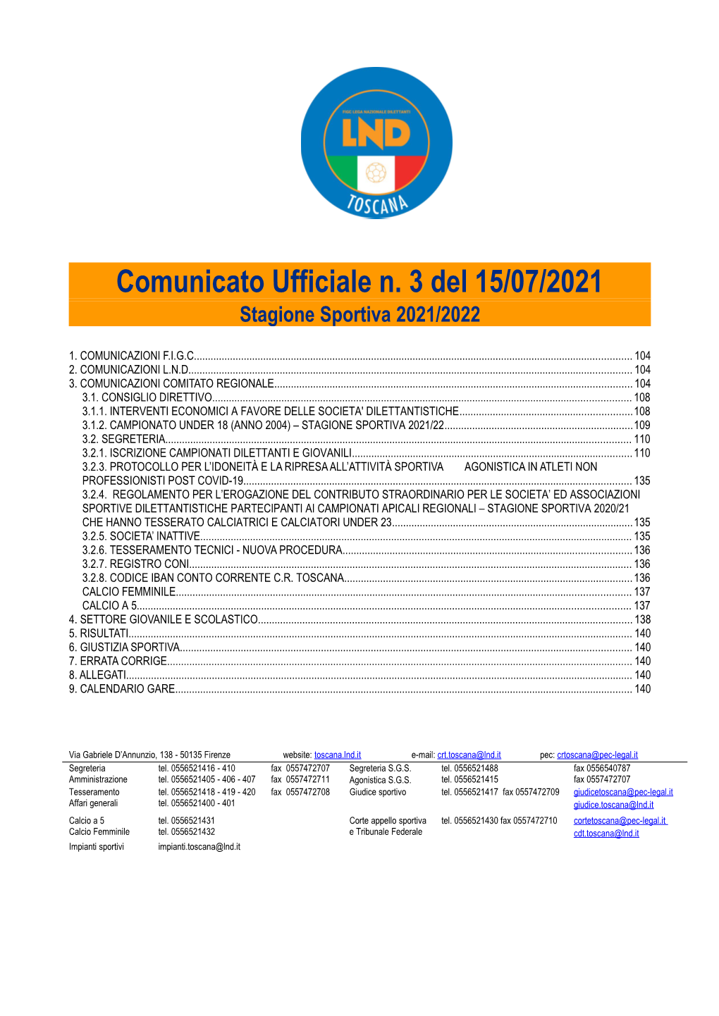 Comunicato Ufficiale N. 3 Del 15/07/2021 Stagione Sportiva 2021/2022