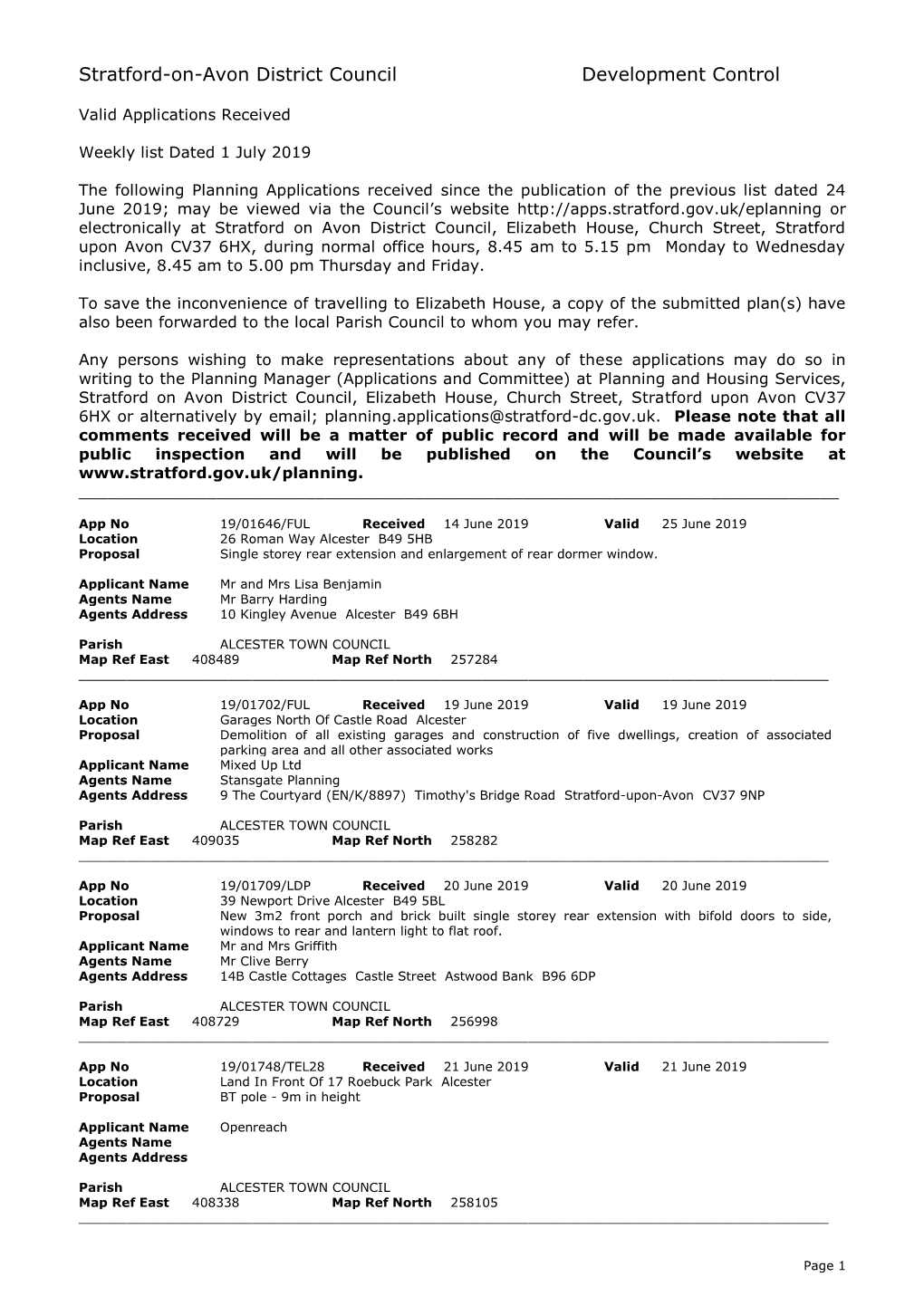 Weekly List Dated 1 July 2019