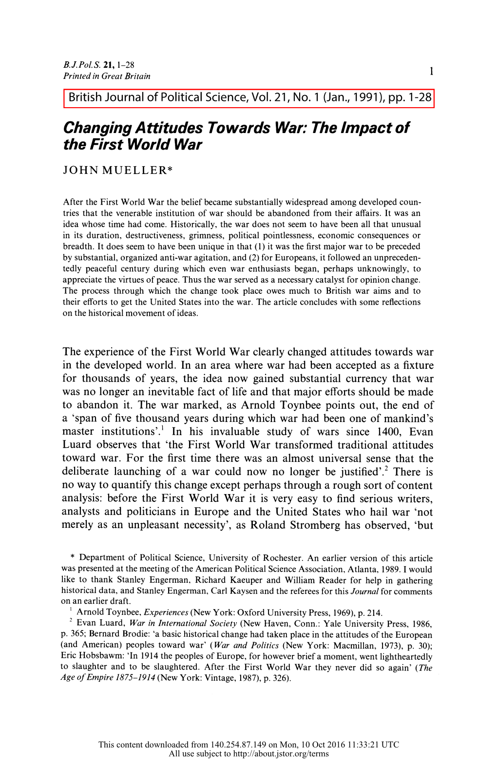 Changing Attitudes Towards War: the Impact of the First World War