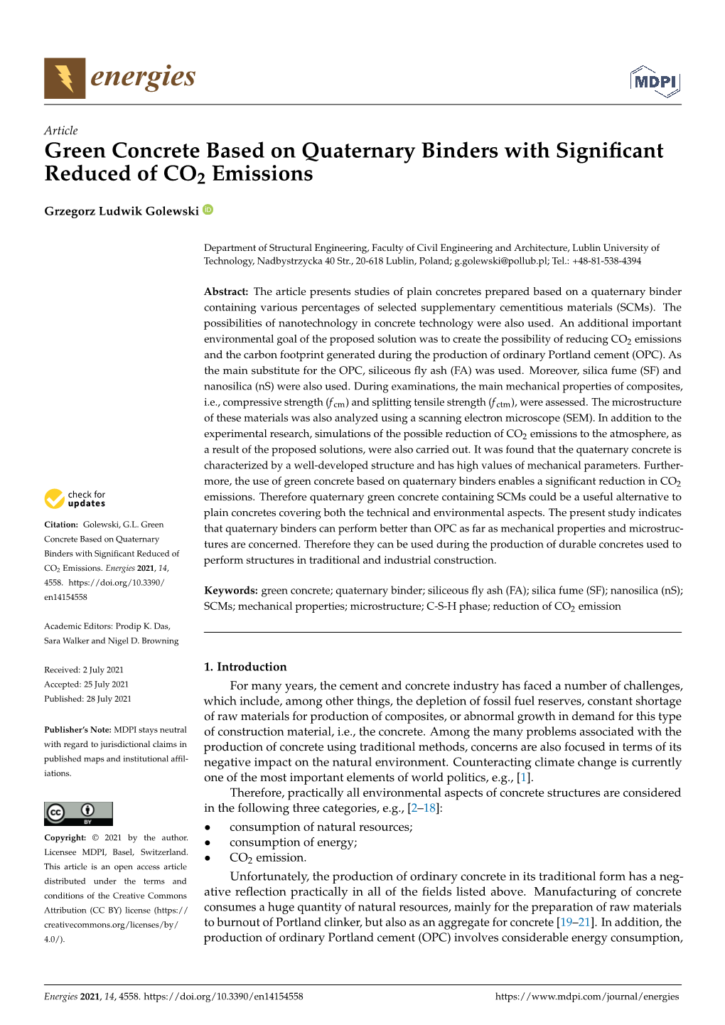 Green Concrete Based on Quaternary Binders with Significant Reduced Of