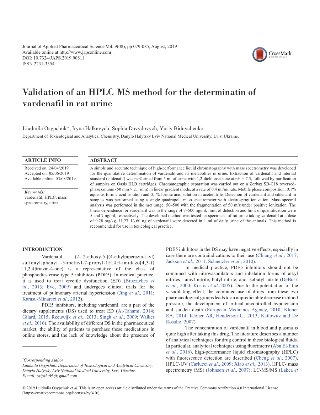 Validation of an HPLC-MS Method for the Determinatin of Vardenafil in Rat Urine