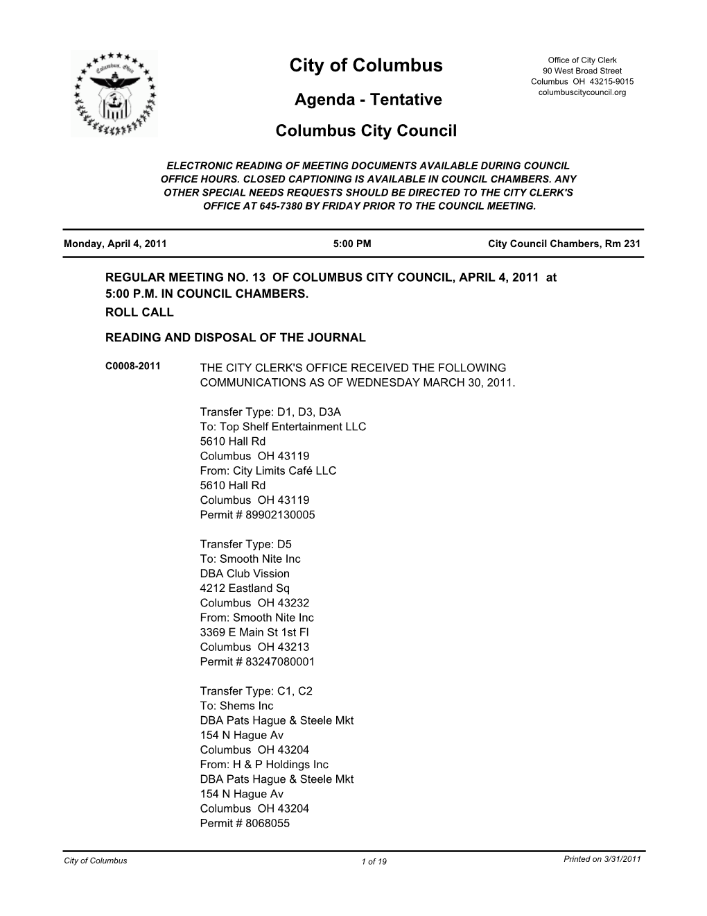 City of Columbus 90 West Broad Street Columbus OH 43215-9015 Agenda - Tentative Columbuscitycouncil.Org Columbus City Council