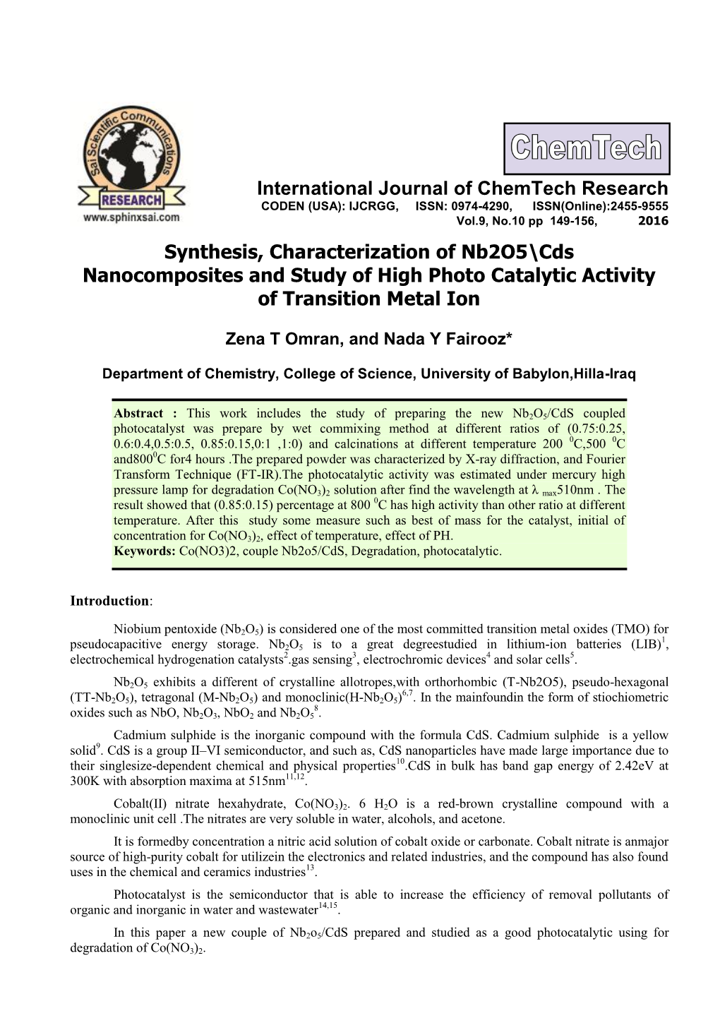 Synthesis, Characterization of Nb2o5\Cdsnanocomposites, And