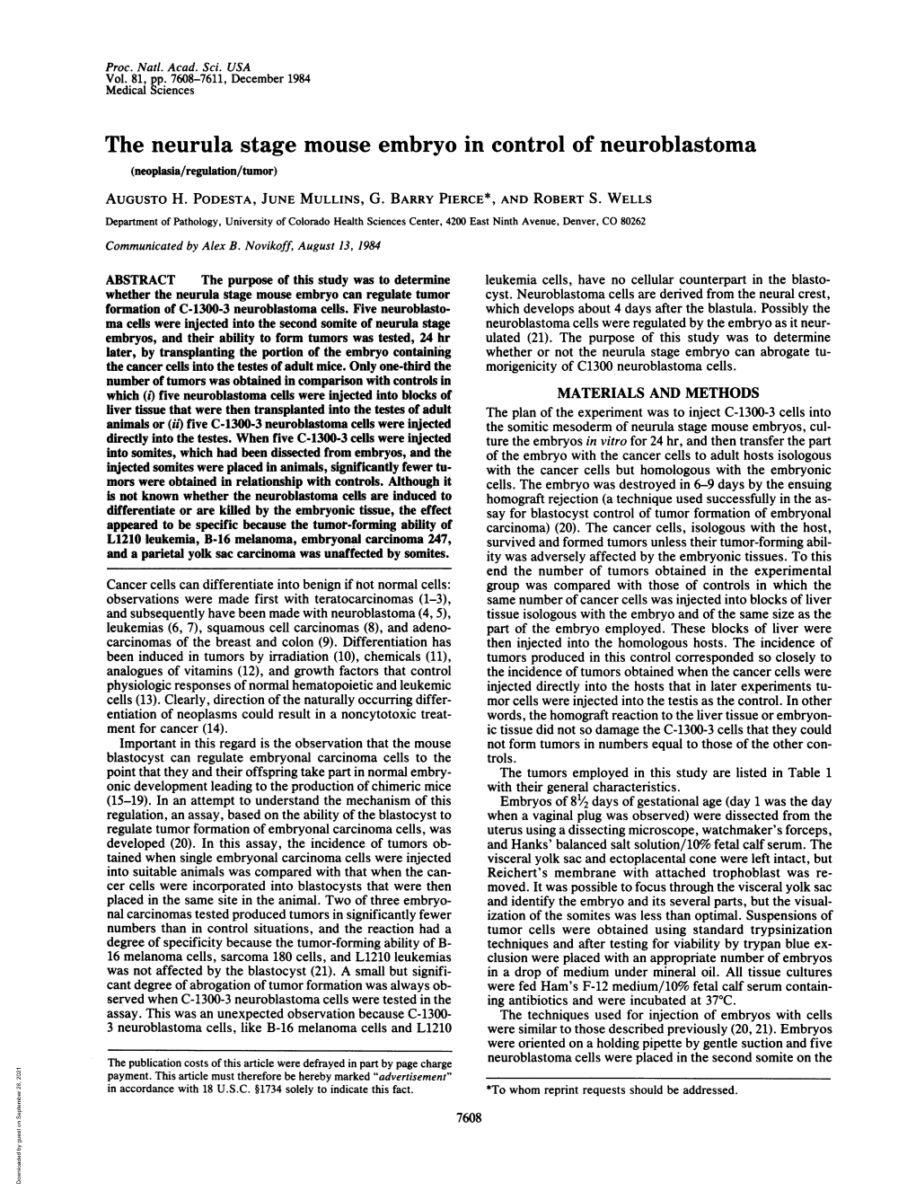 The Neurula Stage Mouse Embryo in Control of Neuroblastoma (Neoplasia/Regulation/Tumor) AUGUSTO H