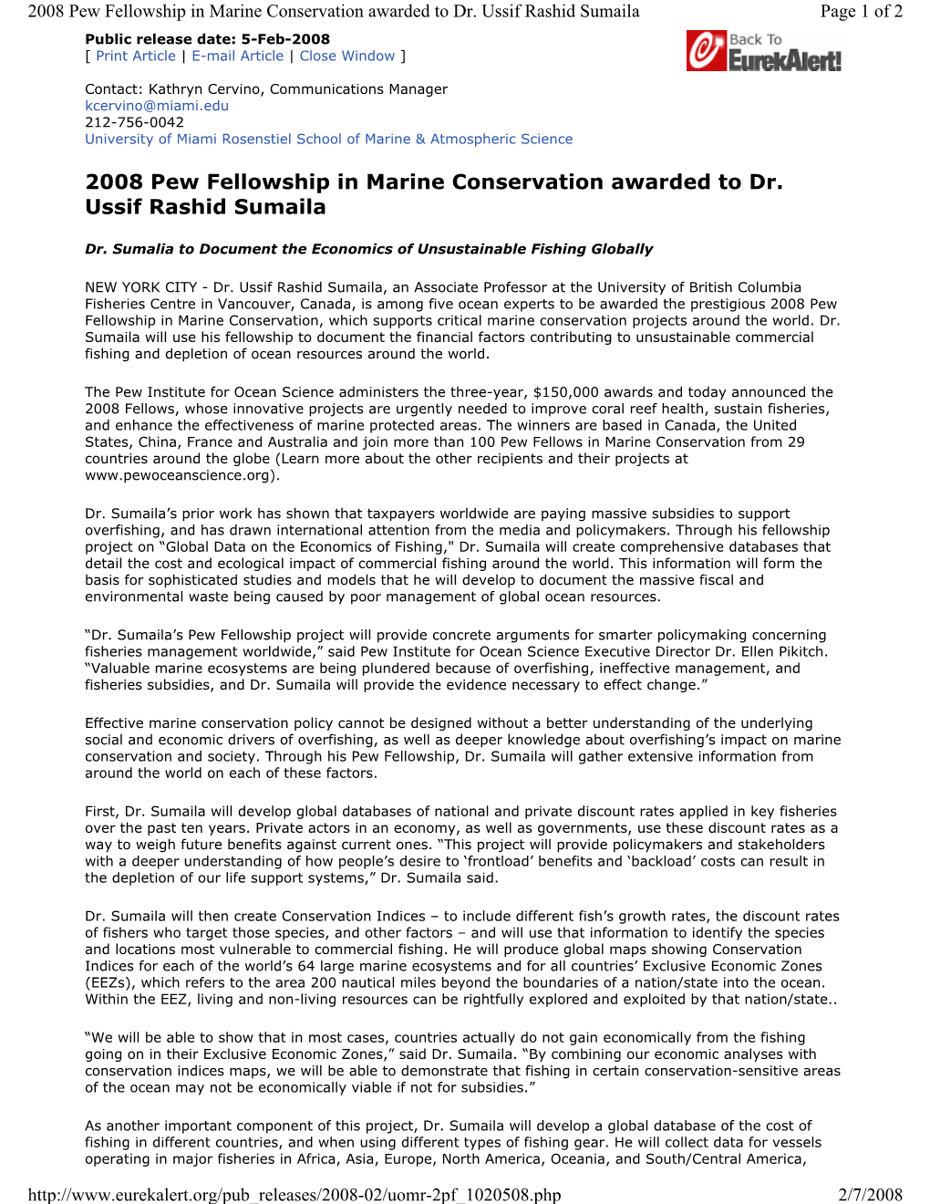 2008 Pew Fellowship in Marine Conservation Awarded to Dr. Ussif Rashid Sumaila