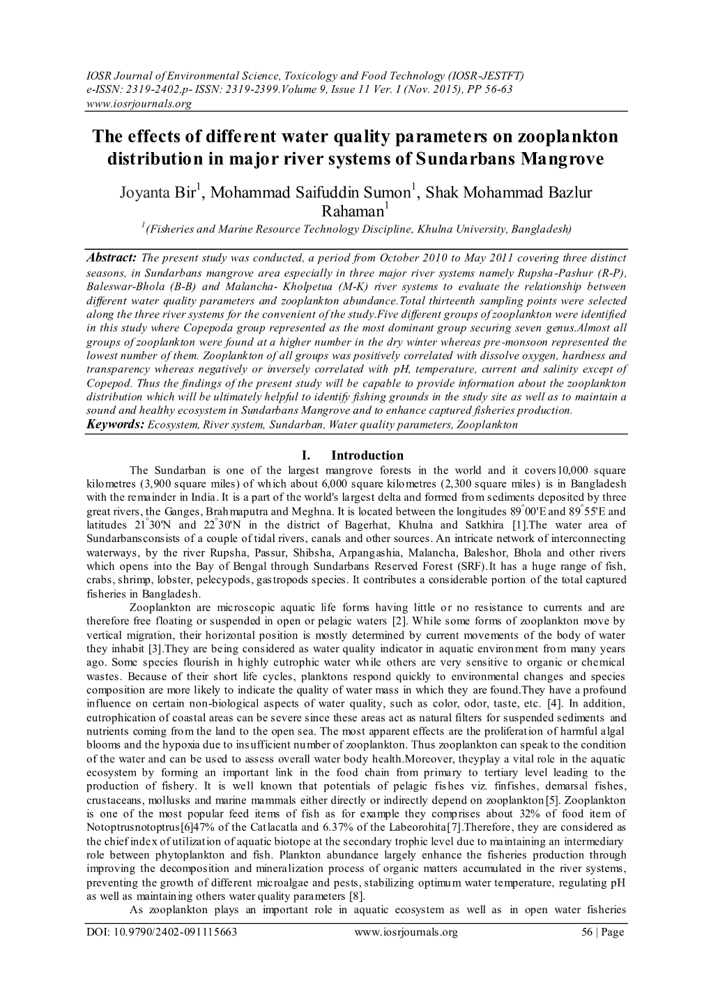 The Effects of Different Water Quality Parameters on Zooplankton Distribution in Major River Systems of Sundarbans Mangrove