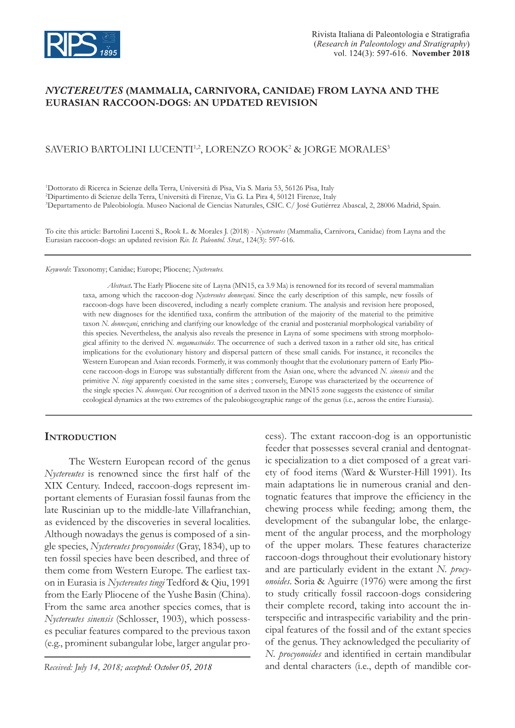 Nyctereutes (Mammalia, Carnivora, Canidae) from Layna and the Eurasian Raccoon-Dogs: an Updated Revision