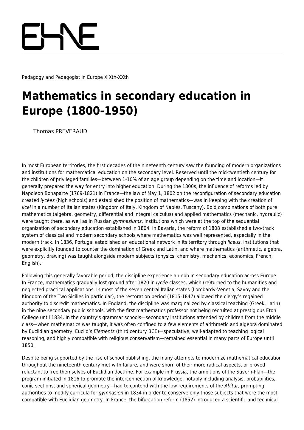 Mathematics in Secondary Education in Europe (1800-1950)