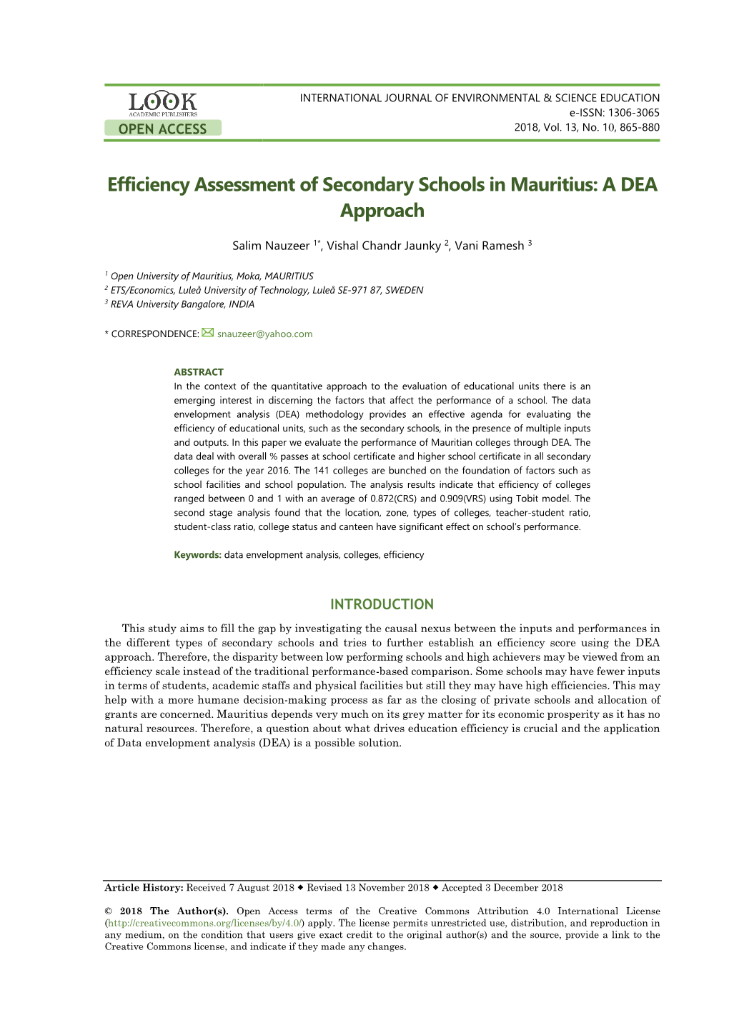 Efficiency Assessment of Secondary Schools in Mauritius: a DEA Approach