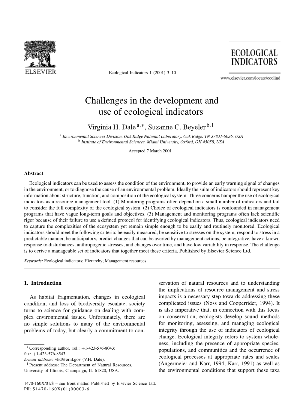 Challenges in the Development and Use of Ecological Indicators Virginia H