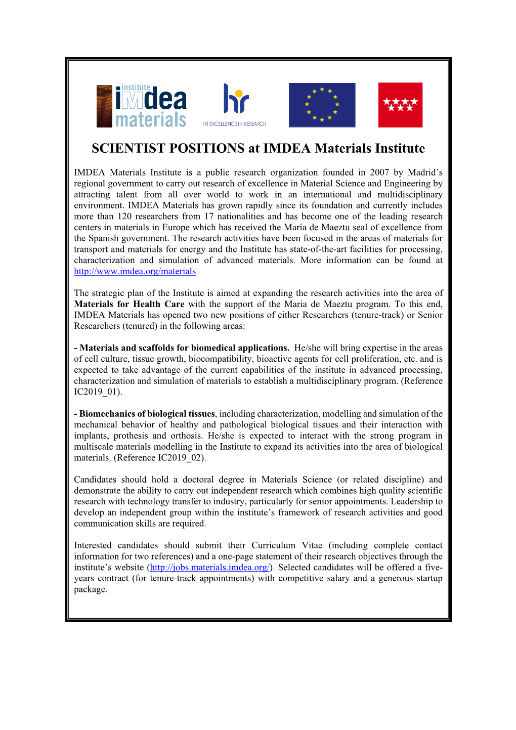 SCIENTIST POSITIONS at IMDEA Materials Institute