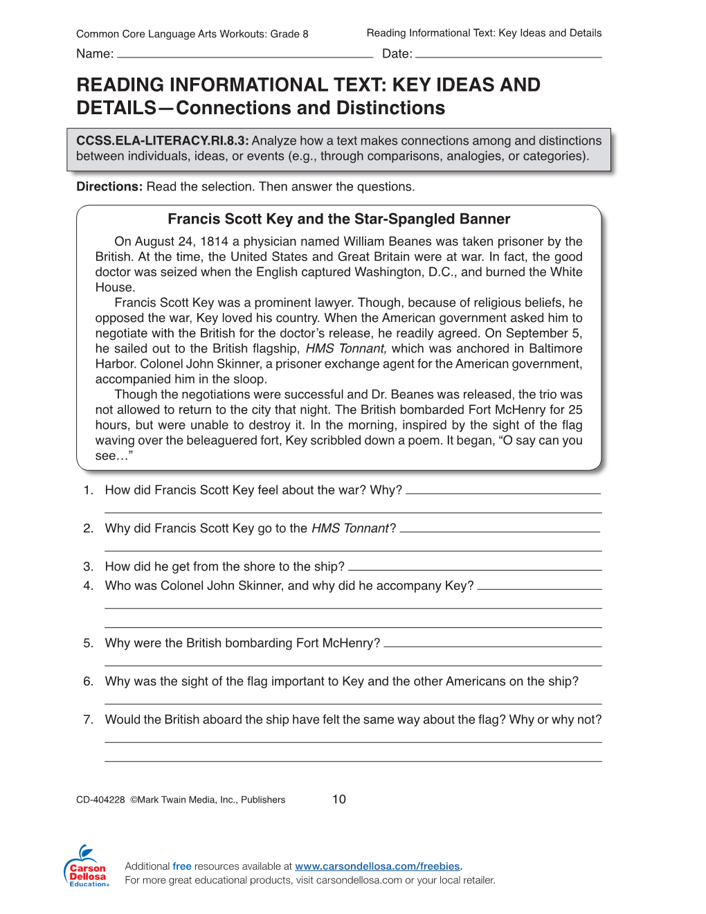 Reading Informational Text: Key Ideas and Details Name: Date: READING INFORMATIONAL TEXT: KEY IDEAS and DETAILS—Connections and Distinctions