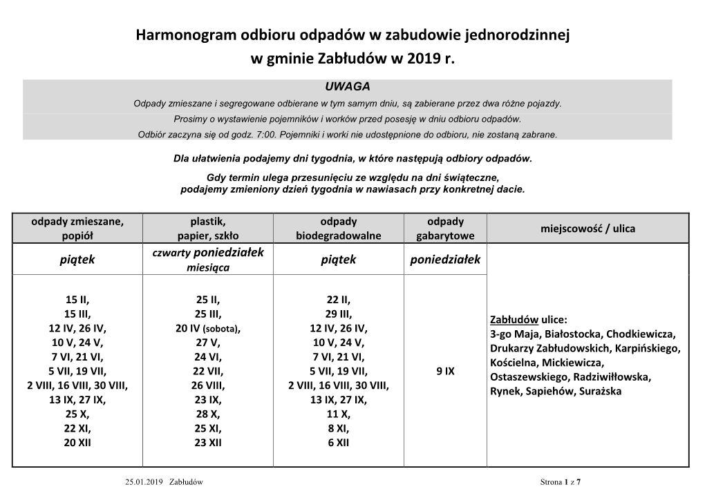 Harmonogram Odbioru Odpadów W Zabudowie Jednorodzinnej W Gminie Zabłudów W 2019 R