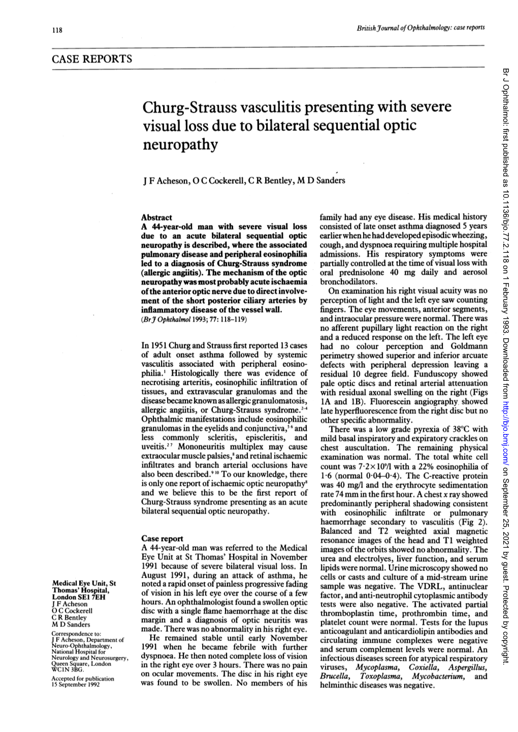 Churg-Strauss Vasculitis Presenting with Severe Visual Loss Due to Bilateral Sequential Optic Neuropathy