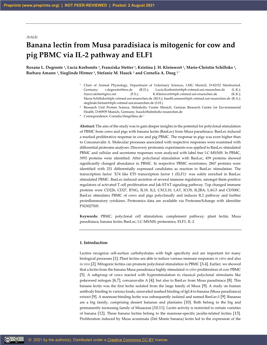 Banana Lectin from Musa Paradisiaca Is Mitogenic for Cow and Pig PBMC Via IL-2 Pathway and ELF1