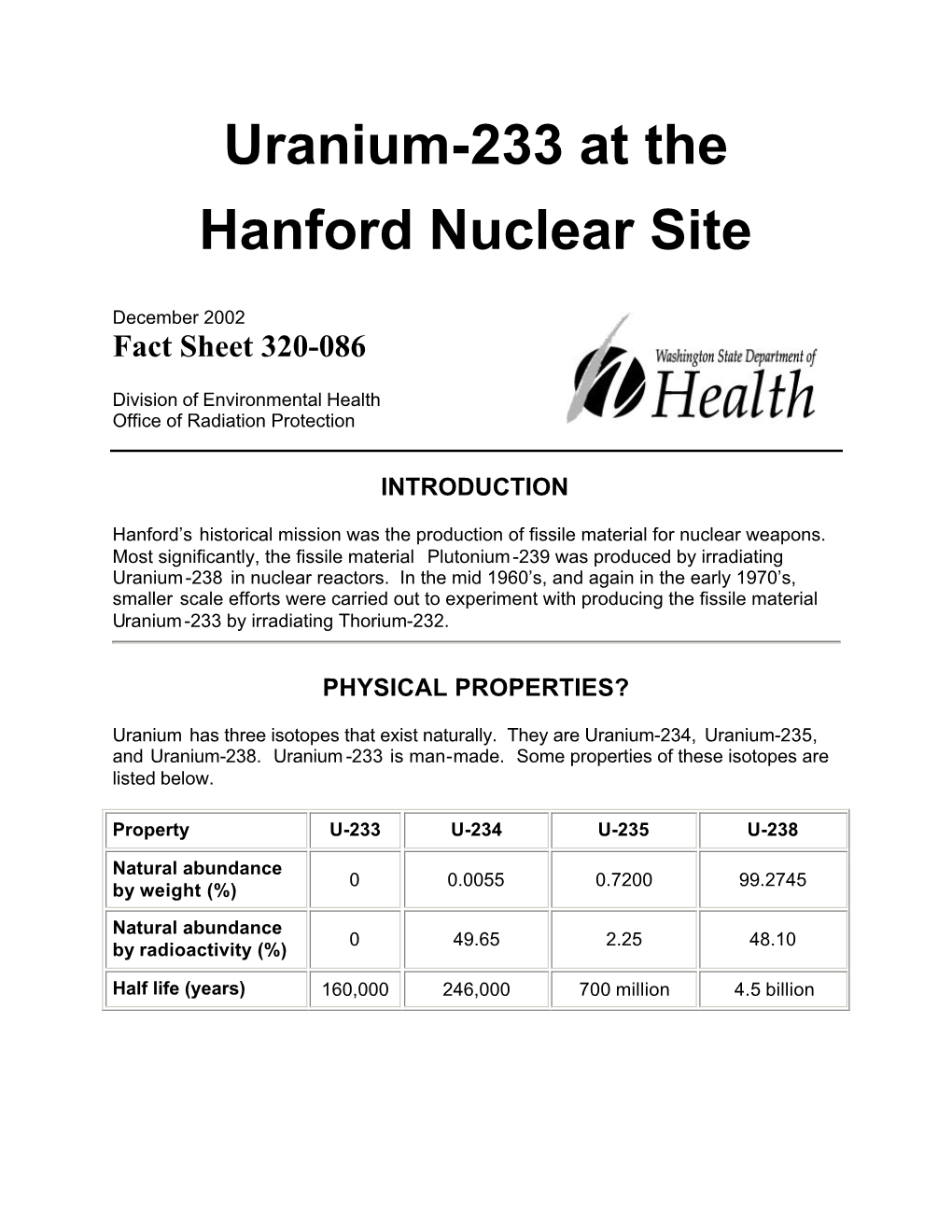 Uranium-233 at the Hanford Nuclear Site