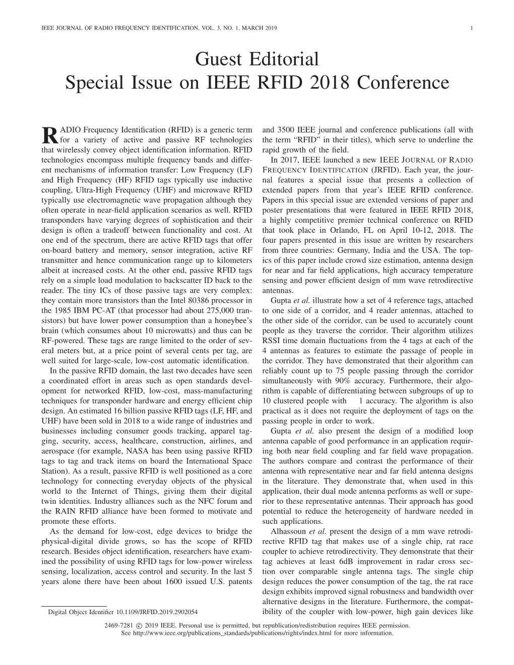 Guest Editorial Special Issue on IEEE RFID 2018 Conference